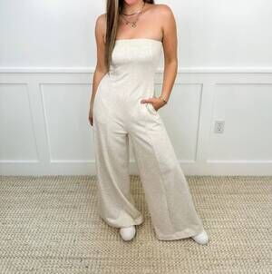 NEW DAVI & DANI strapless cotton blend jumpsuit in ivory